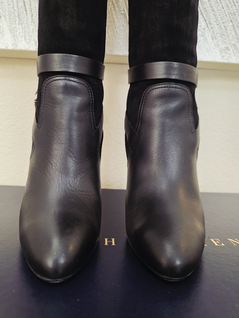 Ralph Lauren Black Leather & Suede Knee-High Stiletto Buckle Boots - Size US 8.5 - Picture 10 of 15